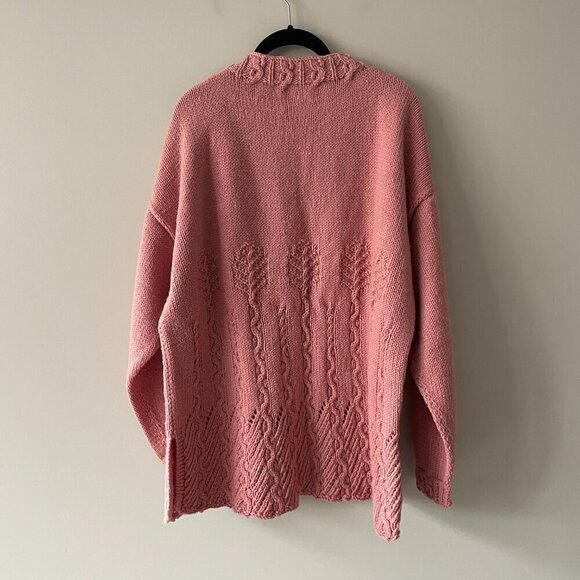 Handmade Knit Cable Knit Oversized Casual Pullover Crew Neck Sweater Pink XL - Picture 3 of 7